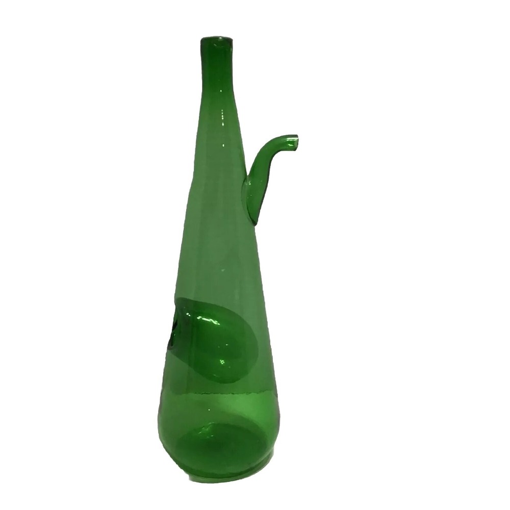 Vintage Green Hand Blown Glass Porron Wine Decanter Spanish Barware Decanter